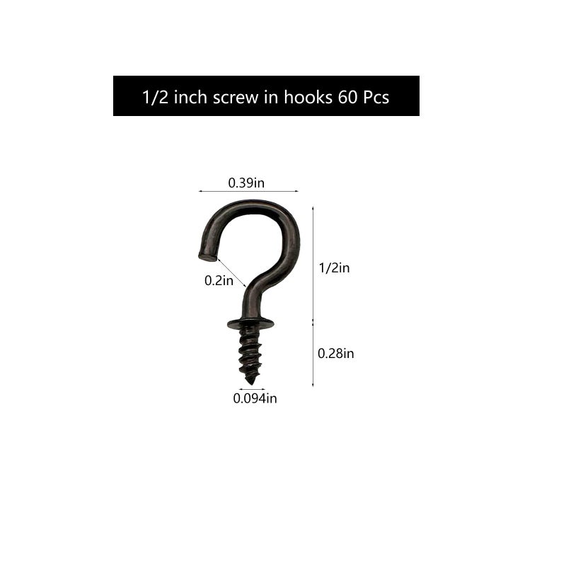 IDEALSV Small Black Ceiling Hooks 1/2'' Screw-in Light Hooks DIY Jewelry Hook (60Pack) - Image 2
